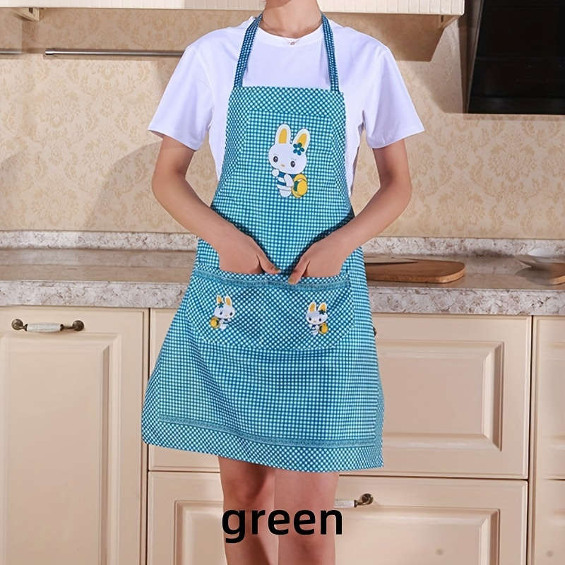 Charming Bunny-Themed Green And White Checkered Polyester Kitchen Apron With Pocket - Peach Skin Vel