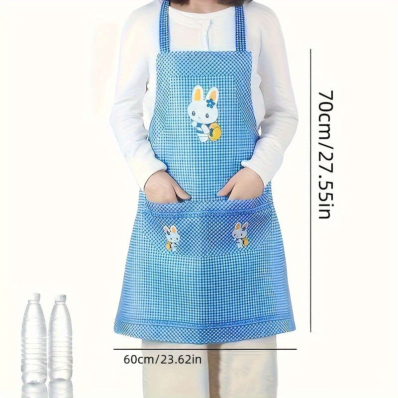 Charming Bunny-Themed Green And White Checkered Polyester Kitchen Apron With Pocket - Peach Skin Vel