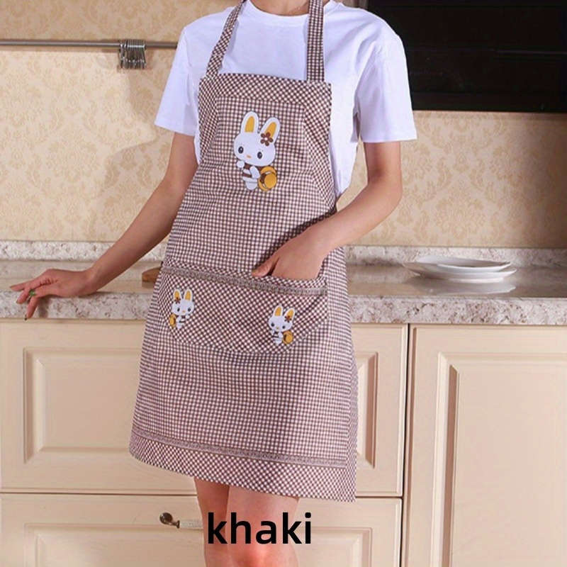 Charming Bunny-Themed Green And White Checkered Polyester Kitchen Apron With Pocket - Peach Skin Vel