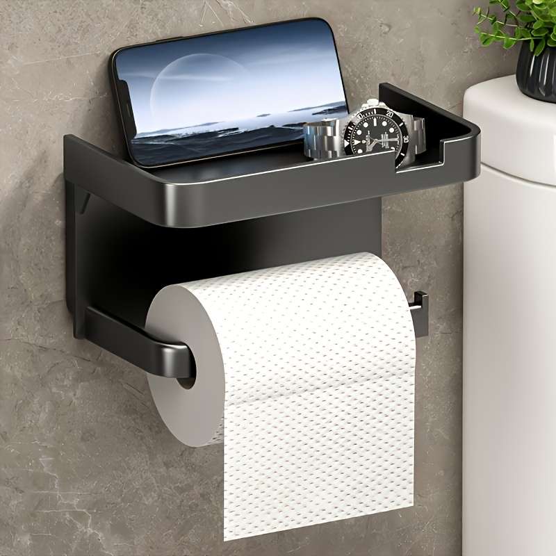 Space-Saving Self-Adhesive Toilet Paper Holder with Storage Shelf