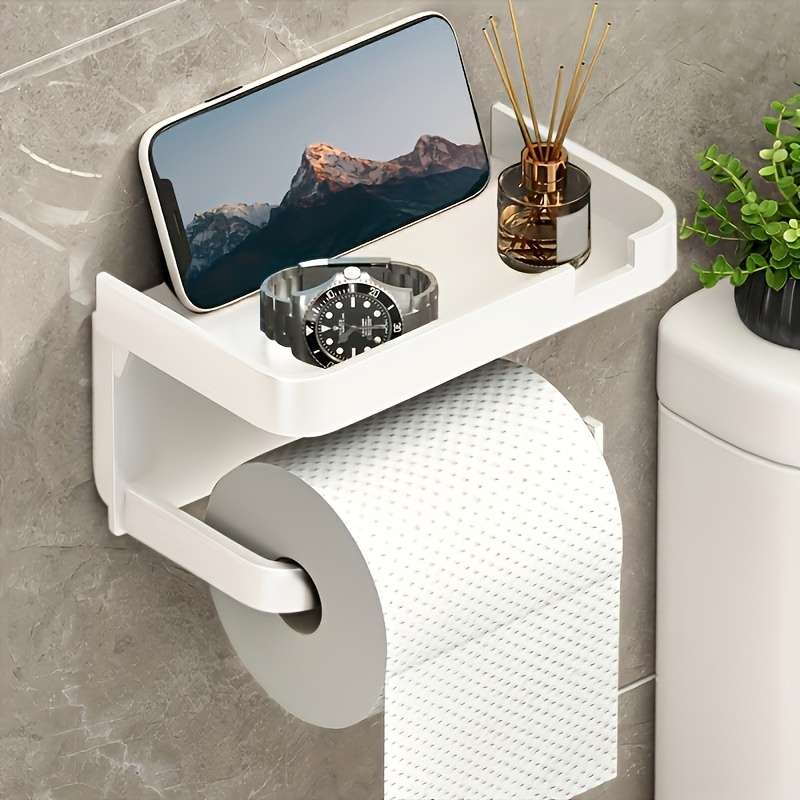 Space-Saving Self-Adhesive Toilet Paper Holder with Storage Shelf