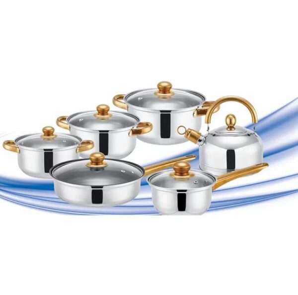 Durable 12-Piece Cookware Set With Gold Handle (With Whistling Kettle)