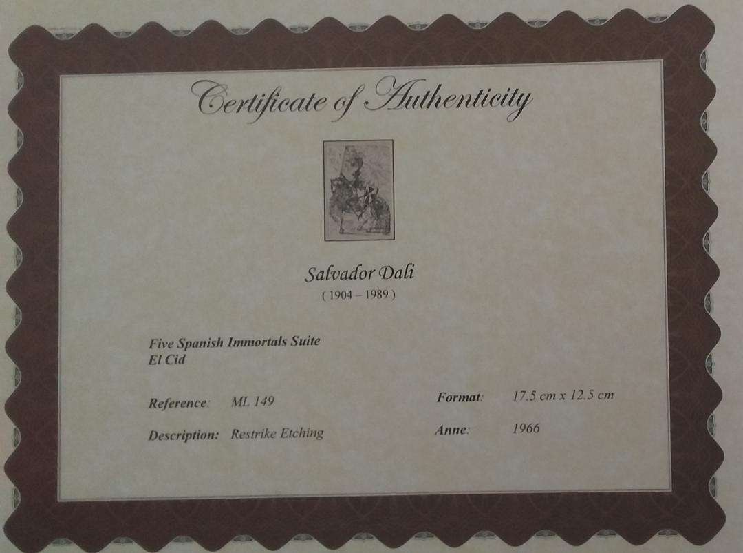 EL CID. SALVADOR DALI. Hand printed etching 1966. Signed in the plate. COA