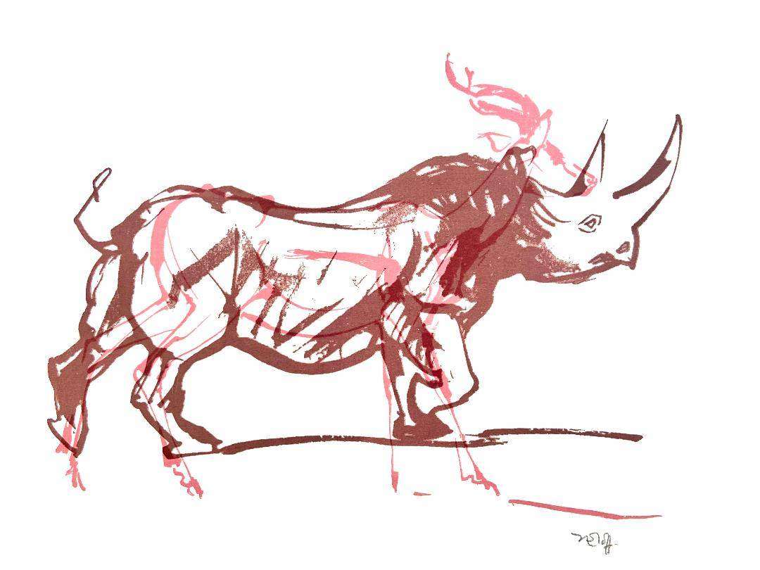 ZAKKIE ELOFF. Renoster/rooibok. A3. Hand printed mono print. Signed in pencil.