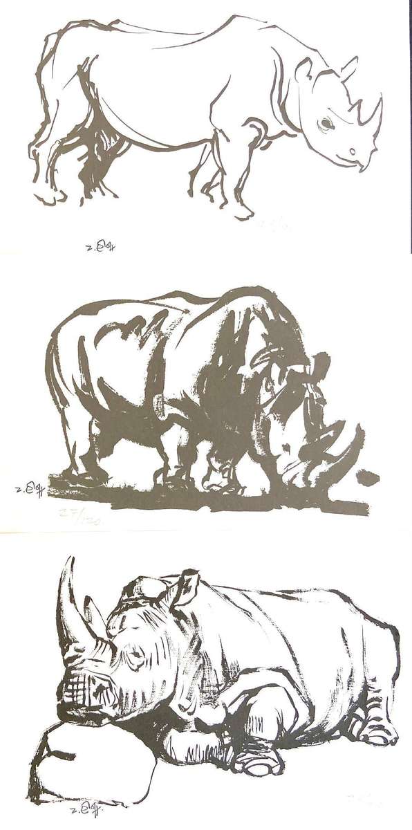 ZAKKIE ELOFF. Renoster folio. A4. Hand printed with 3x silkscreens. Signed with studio stamp .