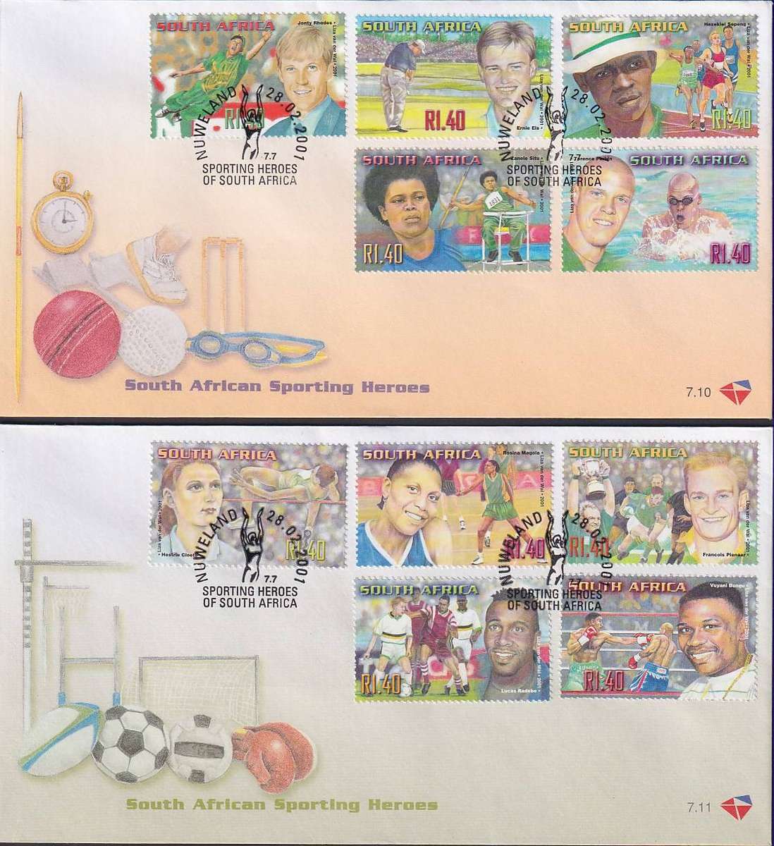 RSA 2001 South African Sporting Heroes FDC 7.10 and 7.11 set of 2 FDCs