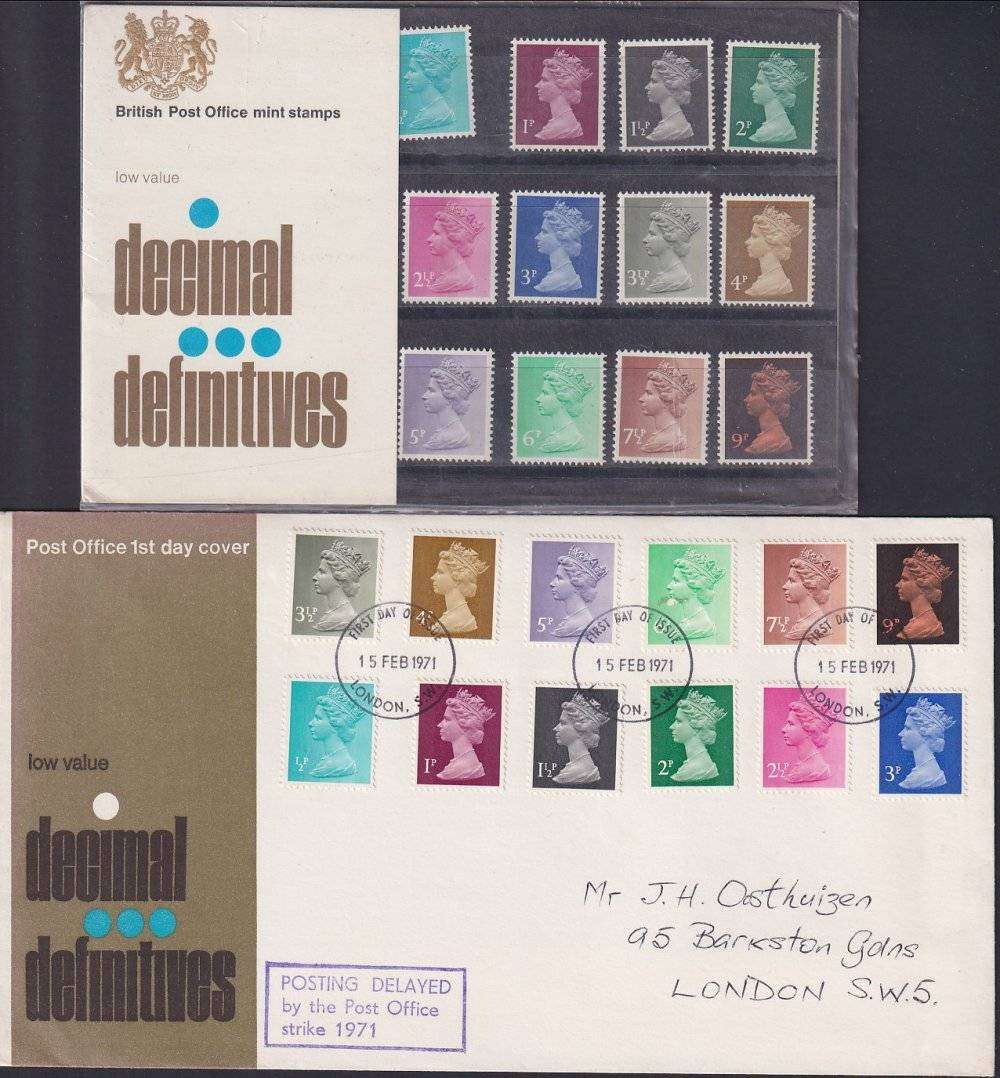 GB 1971 Decimal Definitives presentation pack no. 26 and FDC with POSTING DELAYED cachet