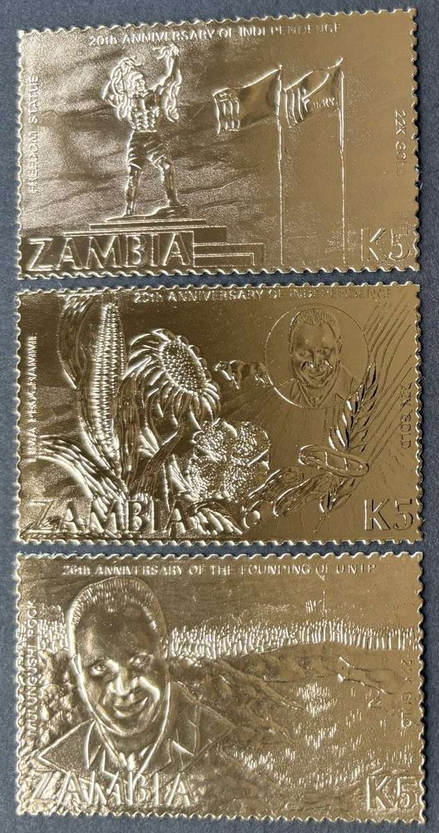 ZAMBIA 1984 Independence Anniversary 5 kwacha set of 3 22K gold foil stamps