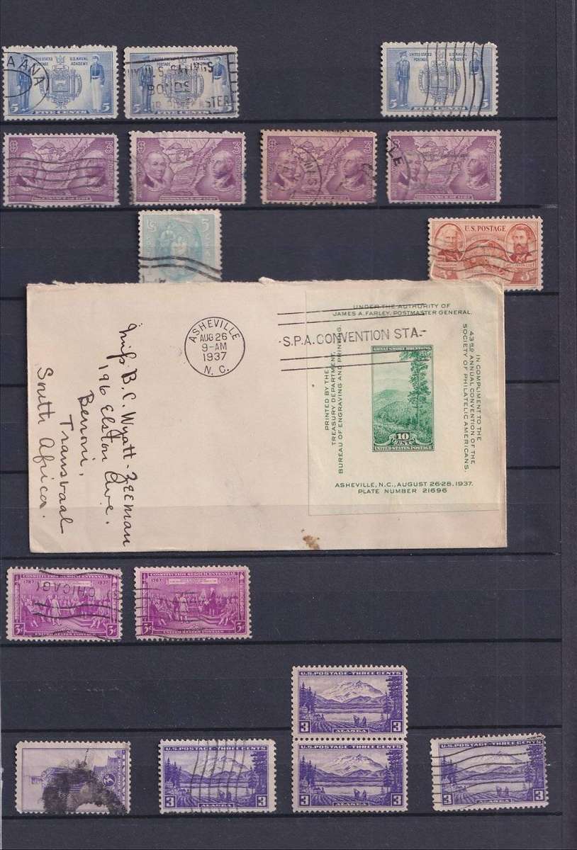 USA 1933-1938 issues, bulk lot on 5 scans, includes coils, sheet stamps, precancels, postmarks, etc