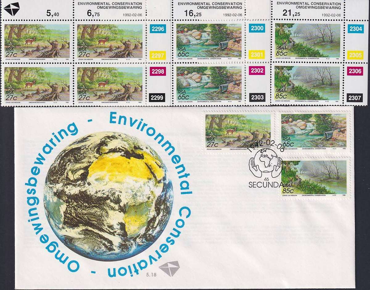 SOUTH AFRICA 1992 Environmental Conservation FDC 5.18 with complete set of MNH control blocks