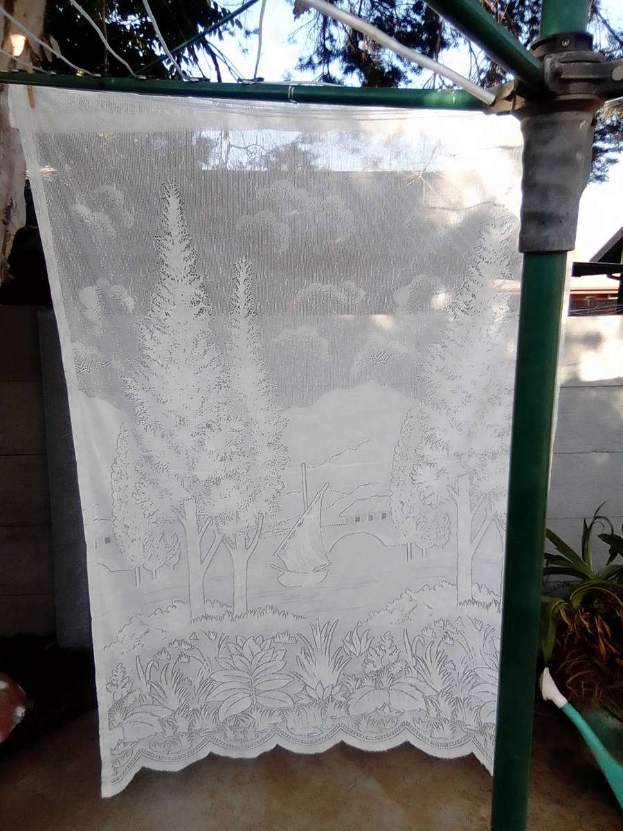 Set of 3 Lace Curtains with Tree, Boat and Nature Scene 1.35 x 190 in good condition