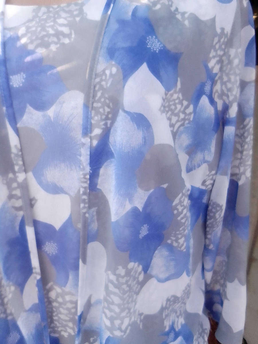 Vintage Blue, Grey & White Dress with Matching Cover Jacket - Size 16 and Half