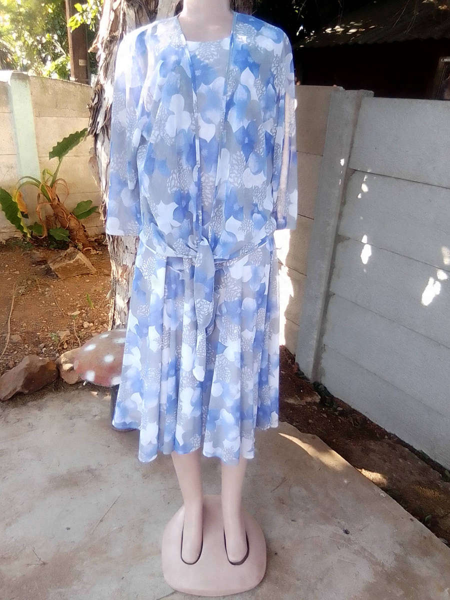 Vintage Blue, Grey & White Dress with Matching Cover Jacket - Size 16 and Half