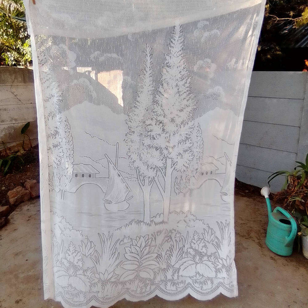 Set of 3 Lace Curtains with Tree, Boat and Nature Scene 1.35 x 190 in good condition