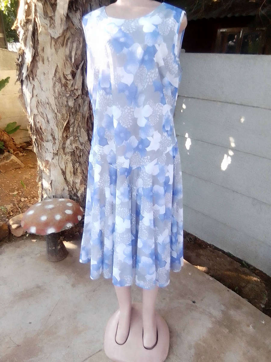 Vintage Blue, Grey & White Dress with Matching Cover Jacket - Size 16 and Half