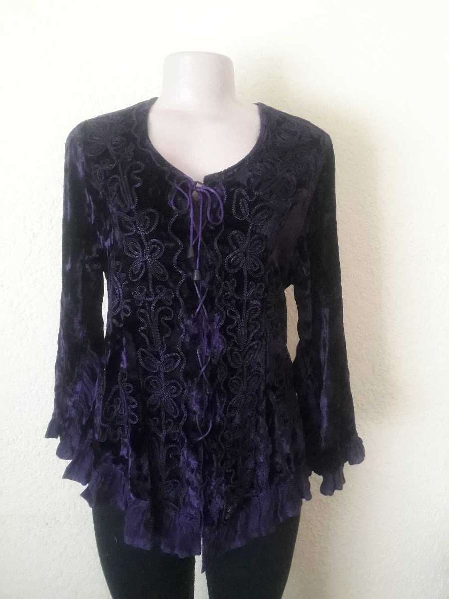 DARK PURPLE VELVET AND EMBROIDED THROW OVER TOP AS NEW - SIZE M