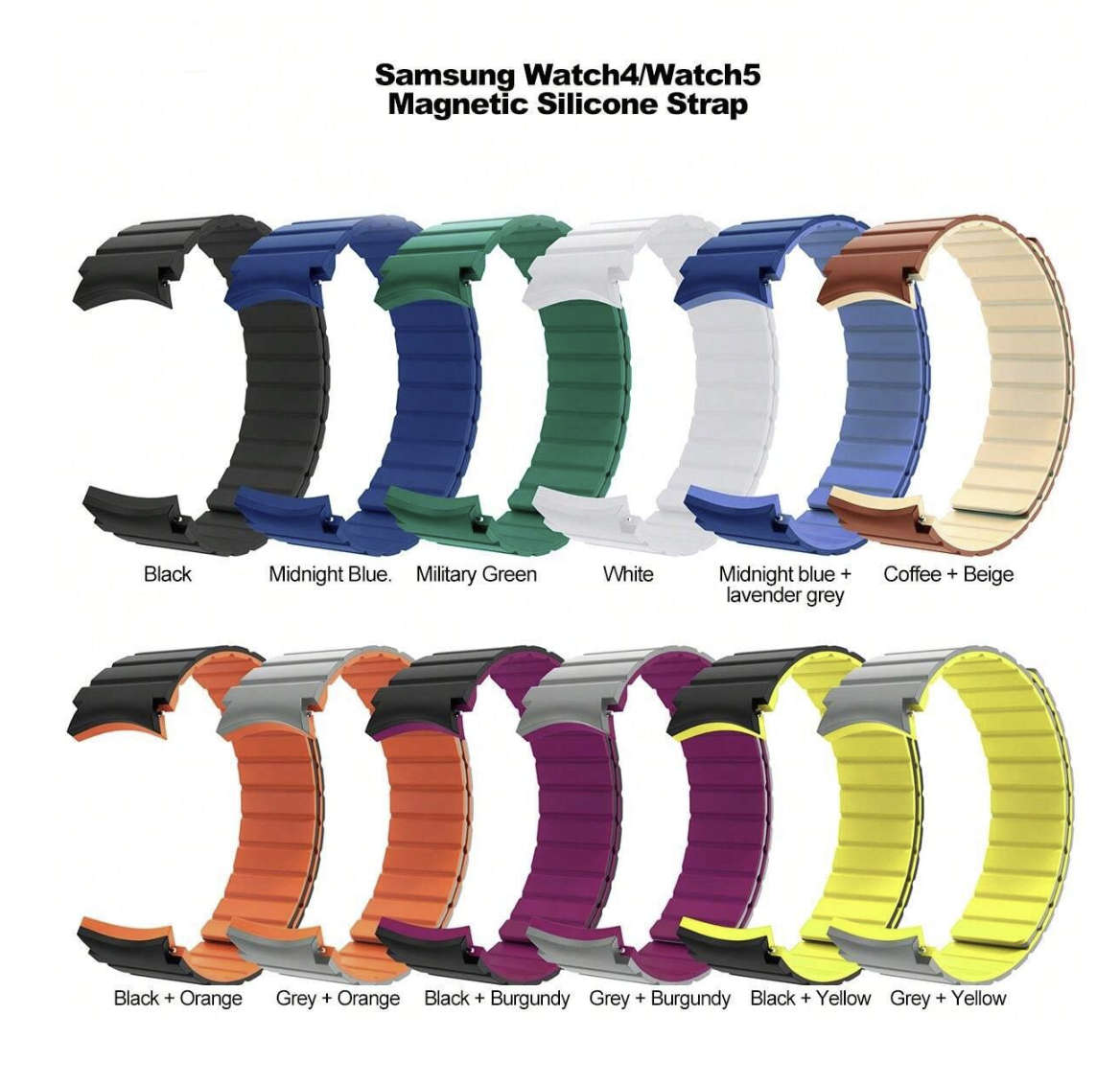 2 Tone Magnetic Silicone Strap compatible with Samsung Watch 6 / 5 / 4 (BLACK ORANGE)