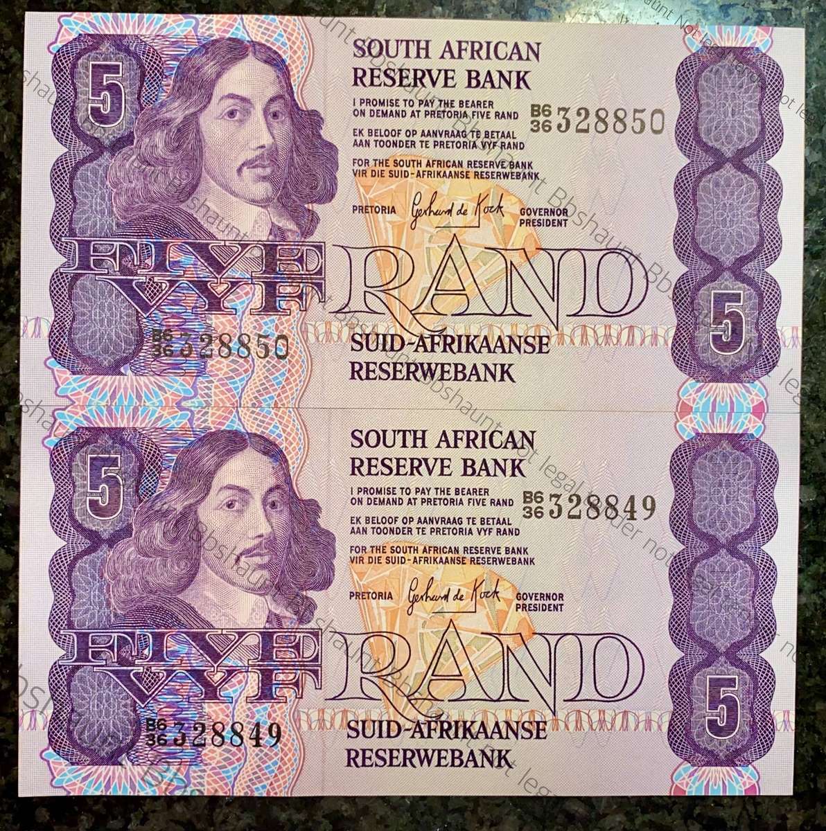 GPC De Kock. R5 in sequence B6 36/328850-849 UNC 3rd issue 1984 (1 bid takes all)