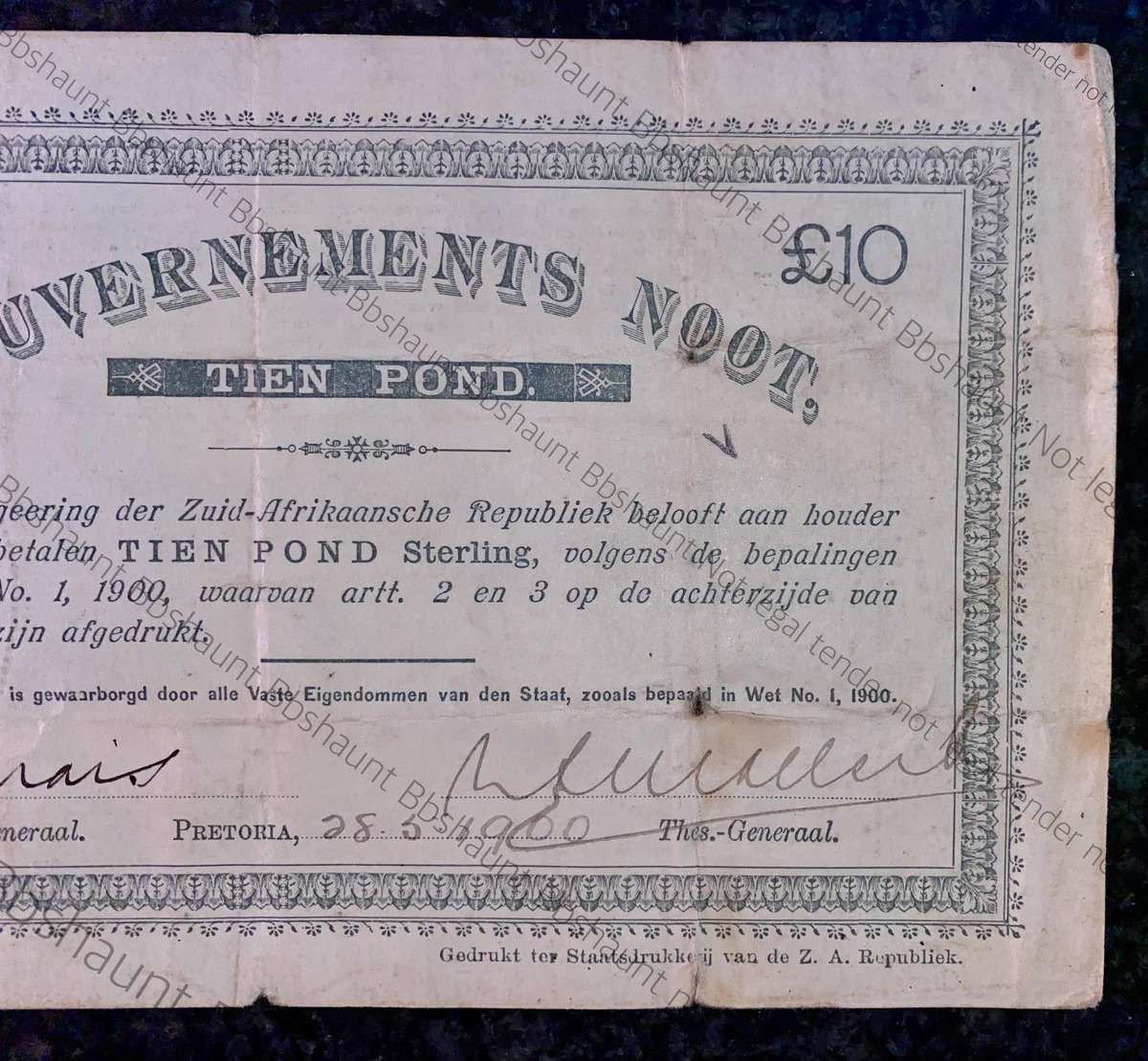 Z.A.R Pretoria 10 pound Government Noot 28-5-1900 - missing NO prefix - 4791 Spade Boarder