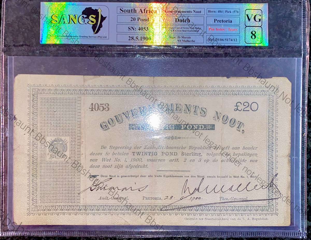 Z.A.R Graded Pretoria 20 pound Government Noot 28-05-1900 cape coat of arm wtm printed Z.A.Republiek