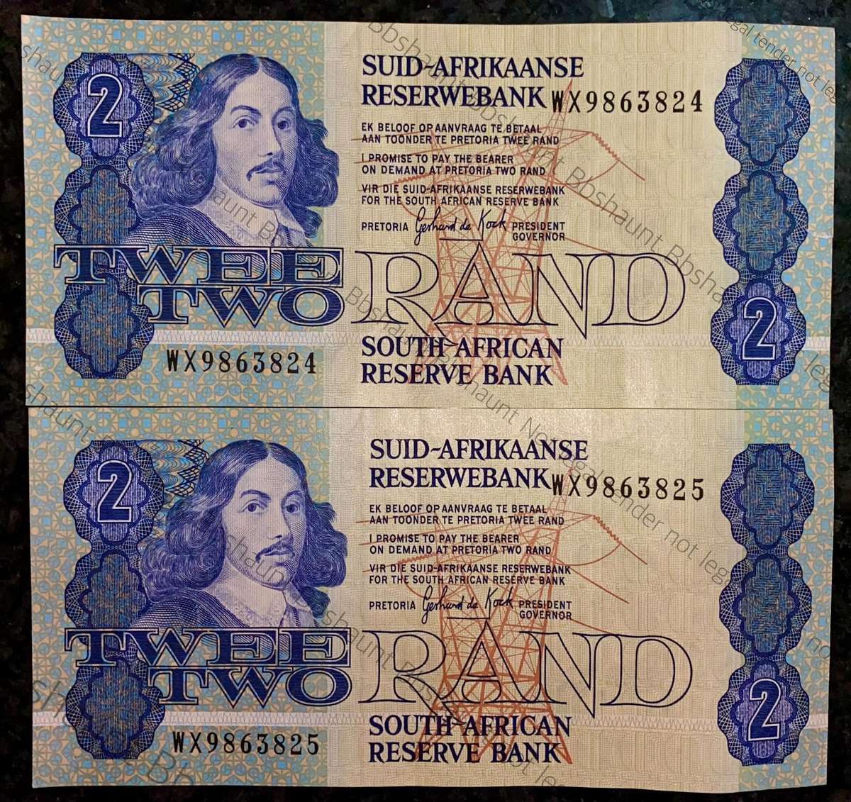 Replacement Note TW De Jongh R2 in seq WX9863824-825 third issue 1989(1 bid takes all)
