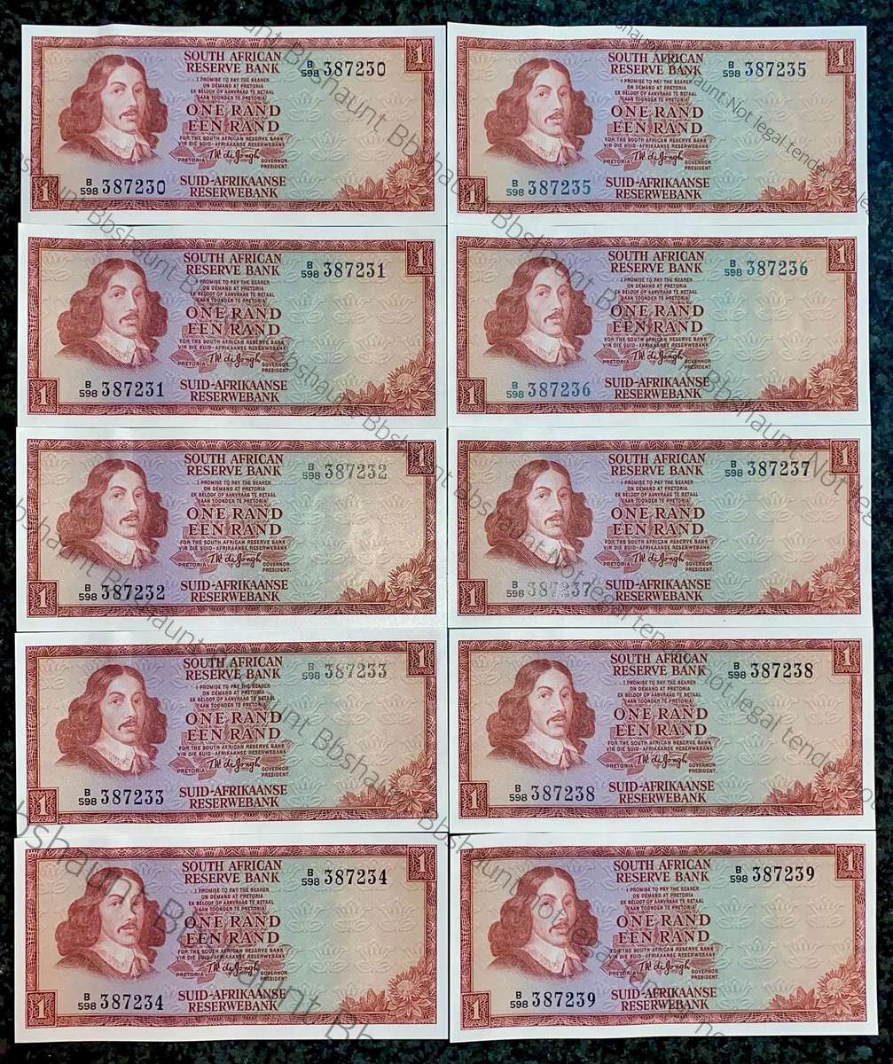 TW De Jongh. R1 in sequence B598 /387230-239 unc-aunc 3rd issue 1975 (1 bid takes all 10)