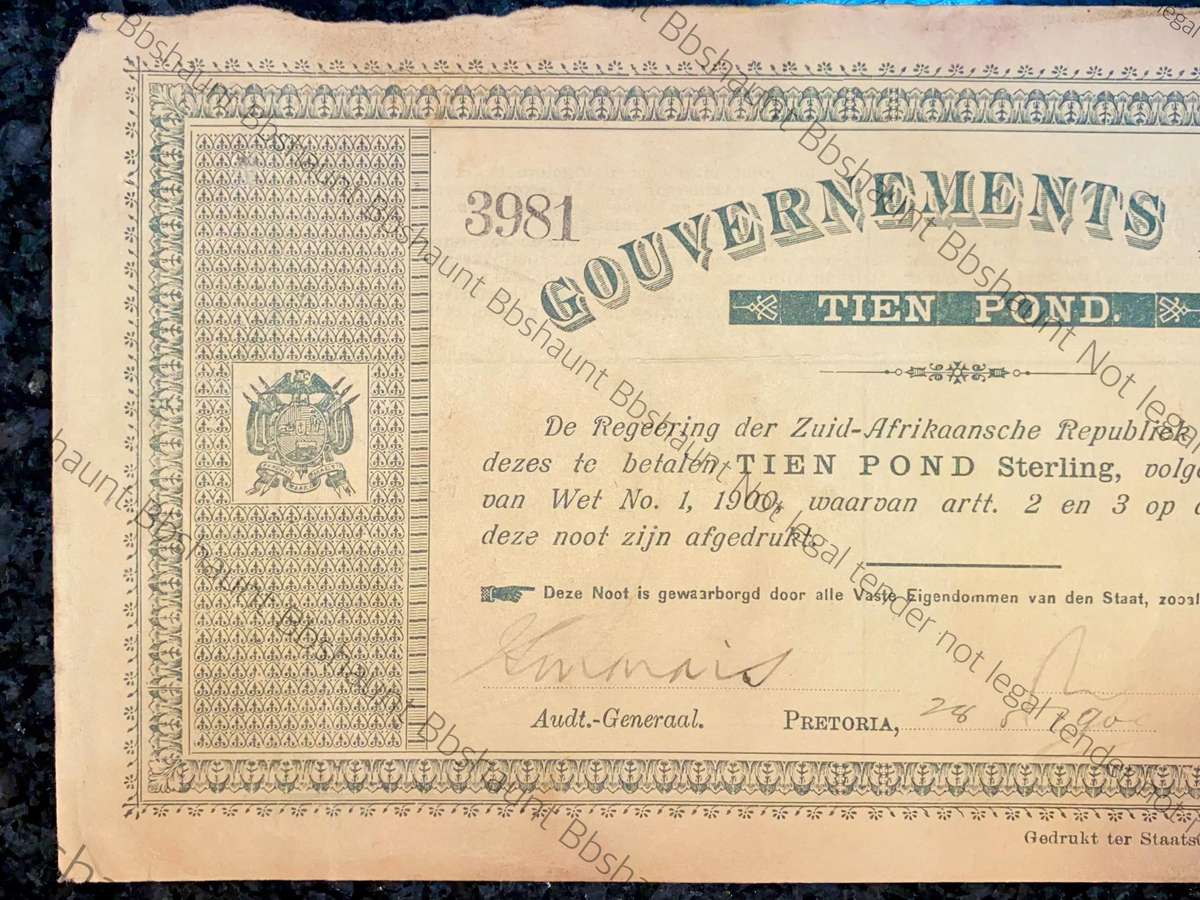 Z.A.R Pretoria 10 pound Government Noot 28-5-1900 -missing NO prefix 3981 Spade Boarder
