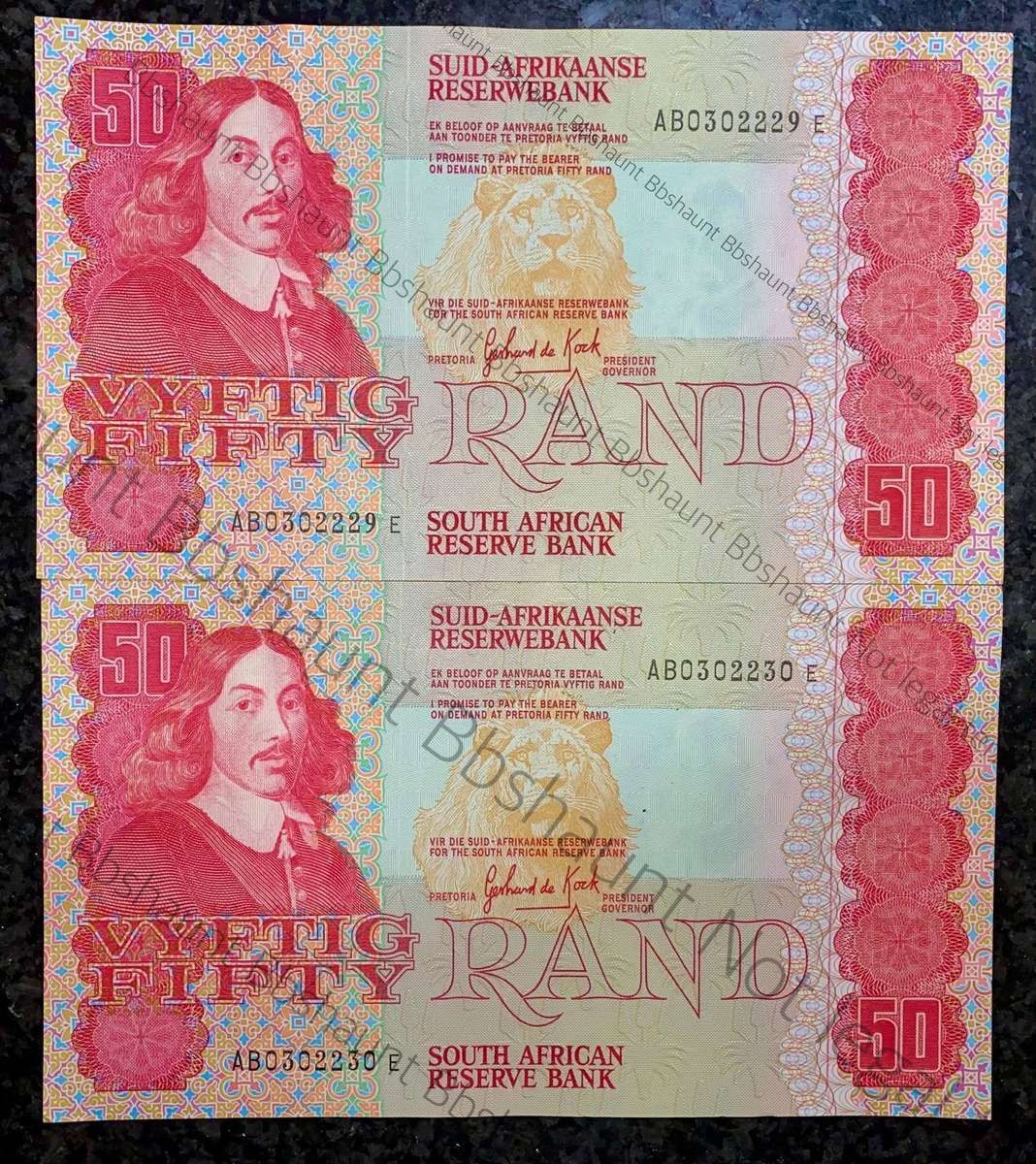 GPC De Kock. R50 in sequence AB0302229-230 UNC-AUNC+ 3rd issue 1984 (1 bid takes all)