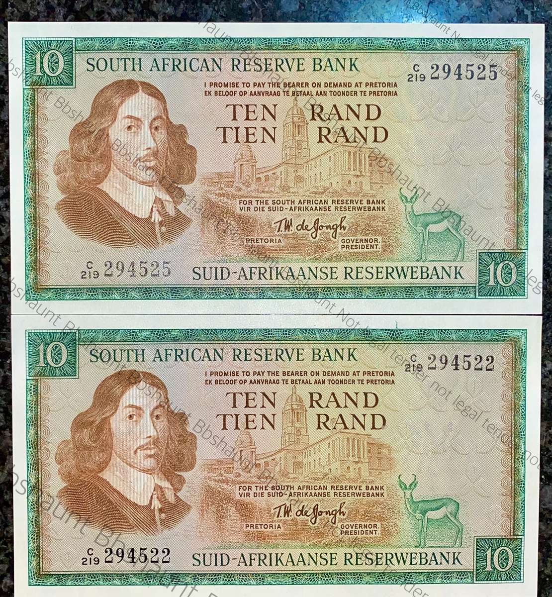 TW DE JONGH R10 CLOSE SEQ C219 /294525-522 UNC 1ST ISSUE 1967 A/E SPRINGBUCK WTM(1 BID TAKES ALL