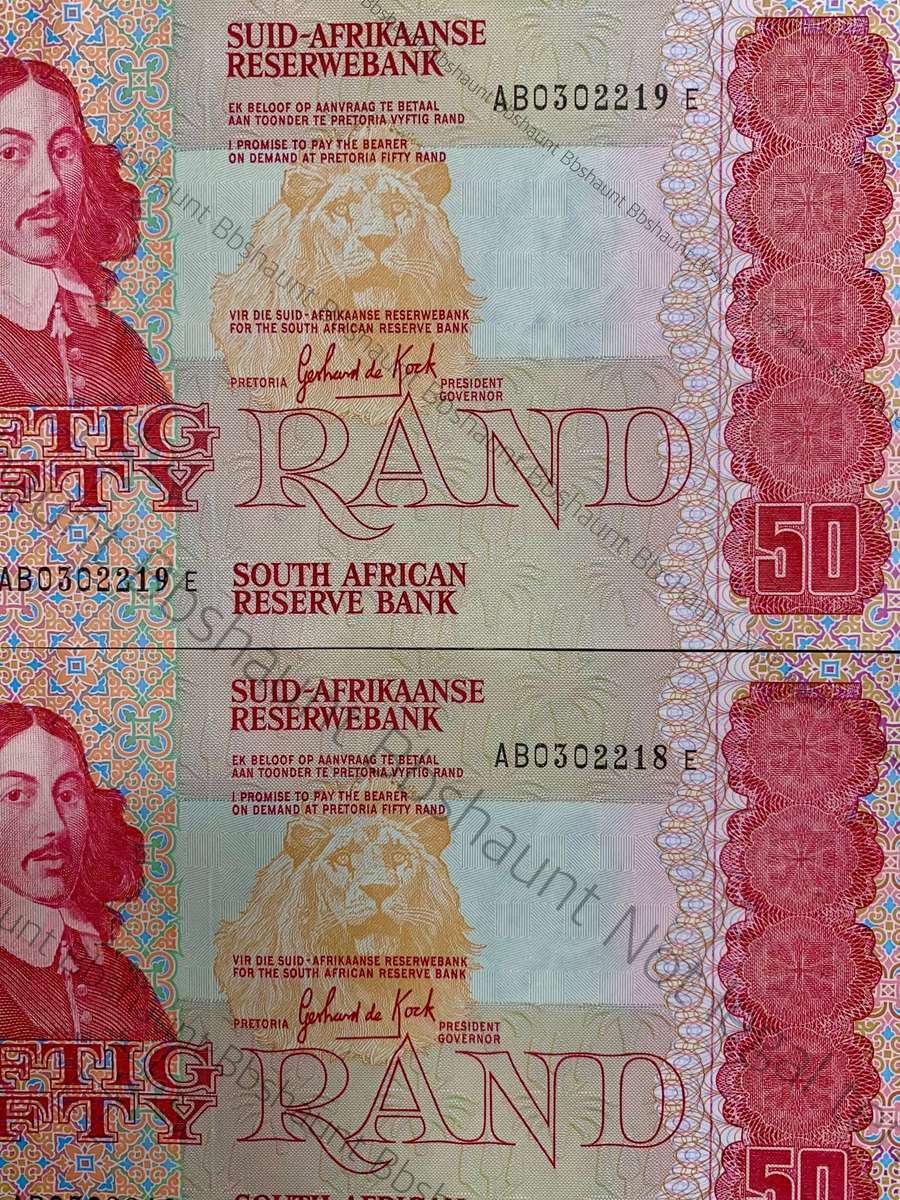 GPC De Kock. R50 in sequence AB0302219-218 UNC-AUNC 3rd issue 1984 (1 bid takes all)