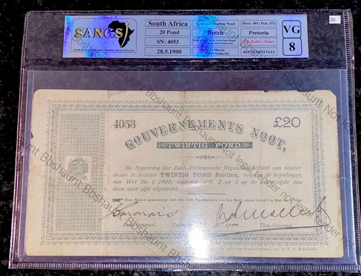 Z.A.R Graded Pretoria 20 pound Government Noot 28-05-1900 cape coat of arm wtm printed Z.A.Republiek