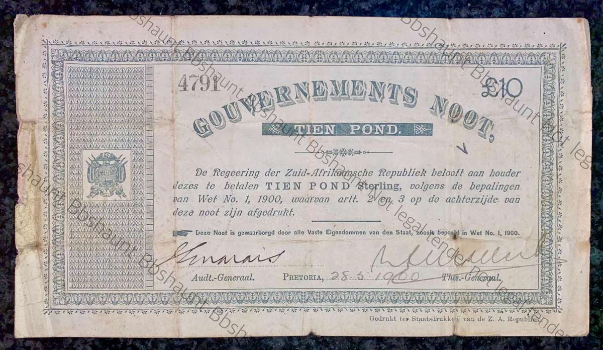 Z.A.R Pretoria 10 pound Government Noot 28-5-1900 - missing NO prefix - 4791 Spade Boarder