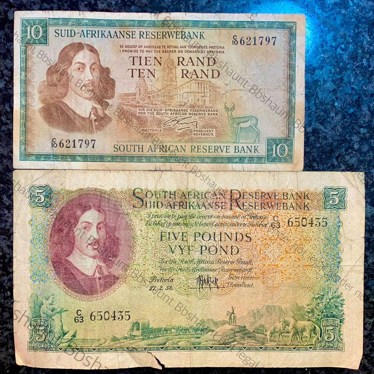G Rissik R10 - 2nd issue 1966 & Mh De Kock 5 Pound 1958 (1 bid takes all)
