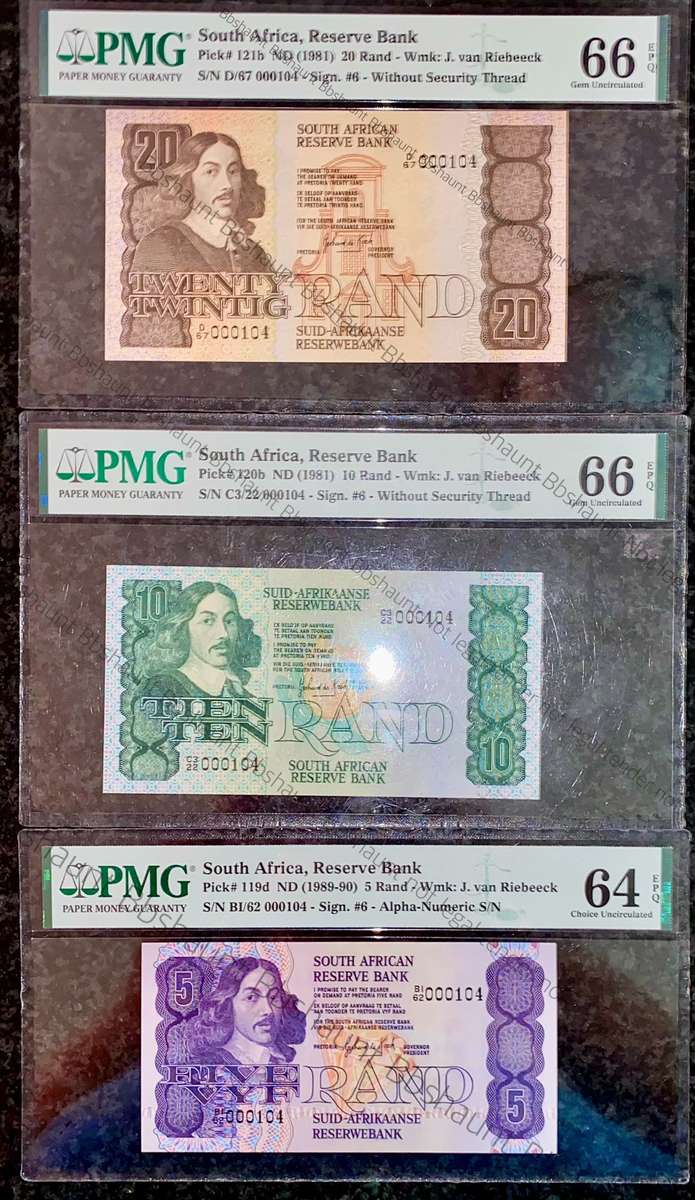 GPC De Kock Graded Low Matching No -000104 First Issue R20, R10 & R5 Graded Gem UNC EPQ 66 & 64 PMG