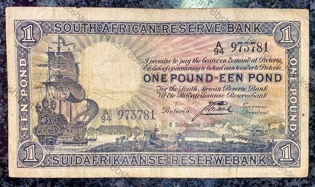 J POSTMUS 1 POUND 8TH SEPTEMBER 1939 ENG/AFR A94 FIRST ISSUE VAN RIEBEECK WTM
