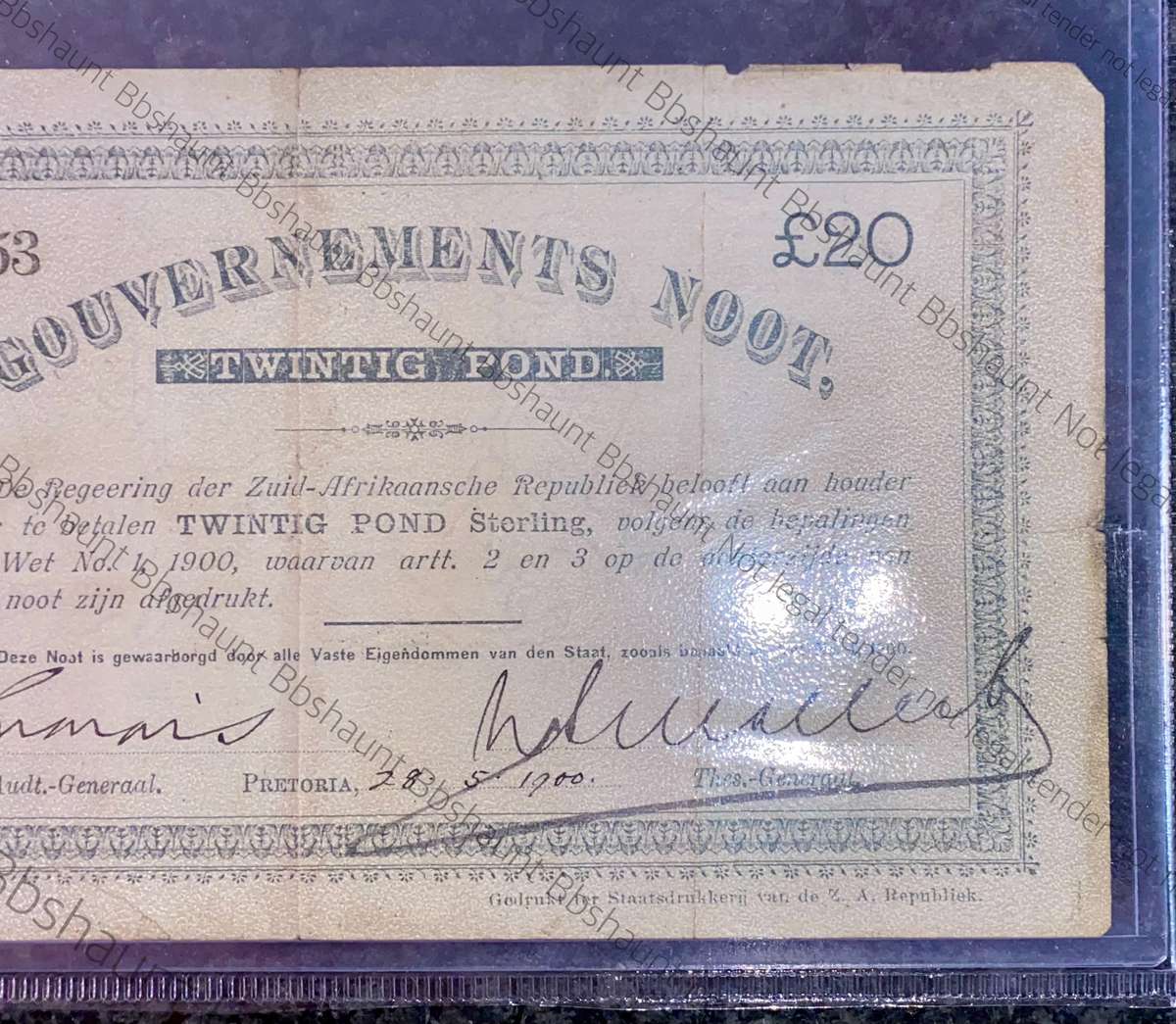 Z.A.R Graded Pretoria 20 pound Government Noot 28-05-1900 cape coat of arm wtm printed Z.A.Republiek