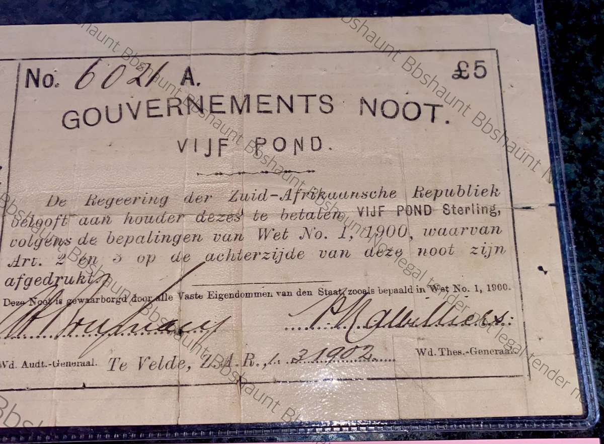 Z.A.R. TE Velde 5 pound Governements Noot 1-3-1902 - Pelgrims Rust - only 1000 printed