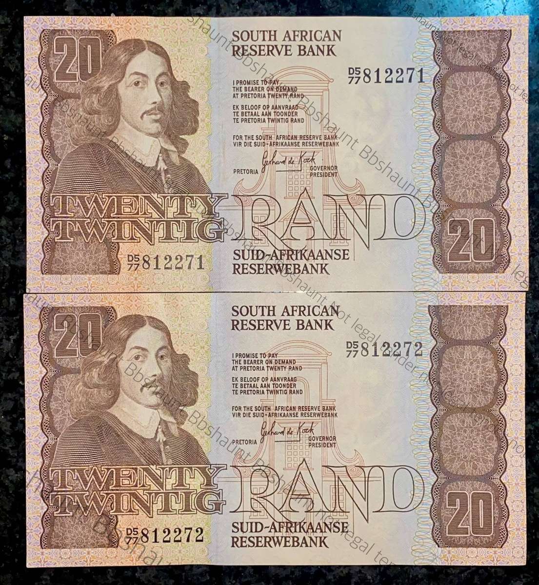 GPC De Kock. R20 in sequence D5 77/812272-271 UNC-AUNC 3rd issue 1984 (1 bid takes all)