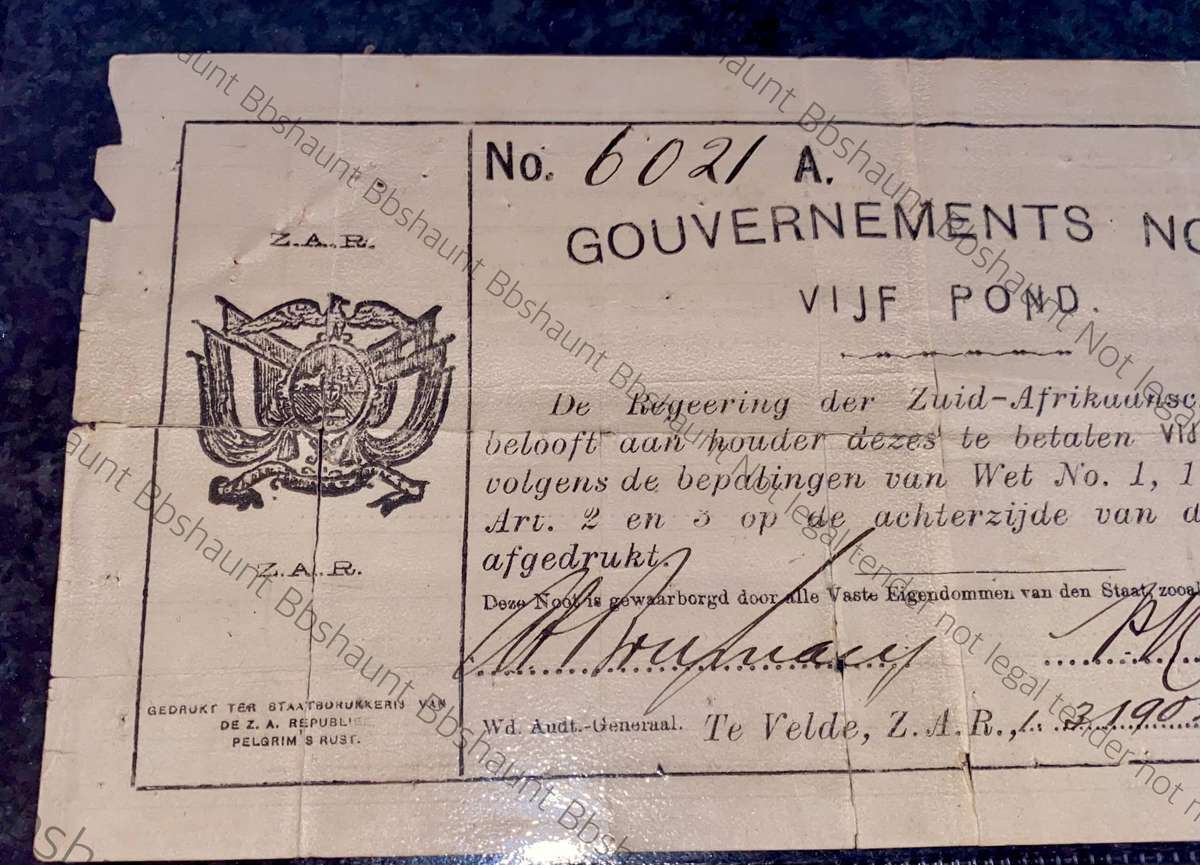 Z.A.R. TE Velde 5 pound Governements Noot 1-3-1902 - Pelgrims Rust - only 1000 printed