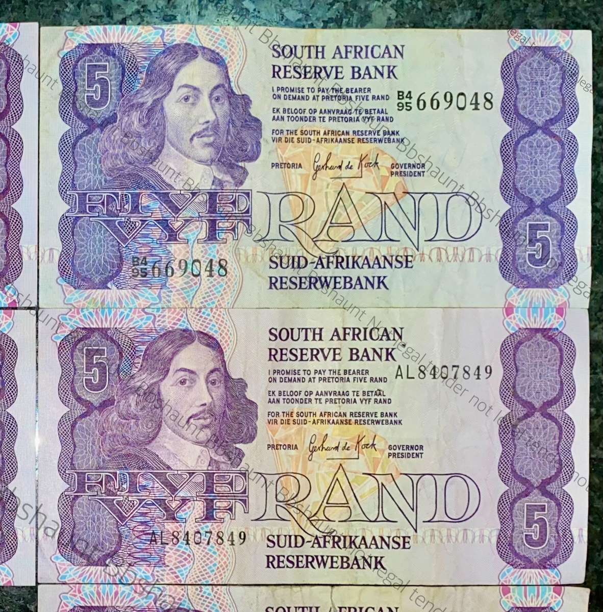 SET OF R5 ONE ERROR NOTE CL STALS 1990 & GPC DE KOCK 1980s(ERROR 1 DIFFERENT COLOUR(1 BID TAKES ALL)