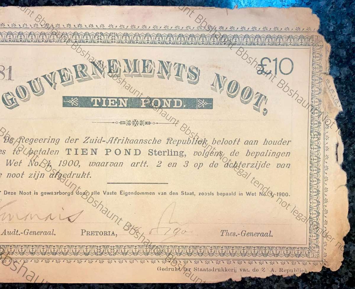 Z.A.R Pretoria 10 pound Government Noot 28-5-1900 -missing NO prefix 3981 Spade Boarder