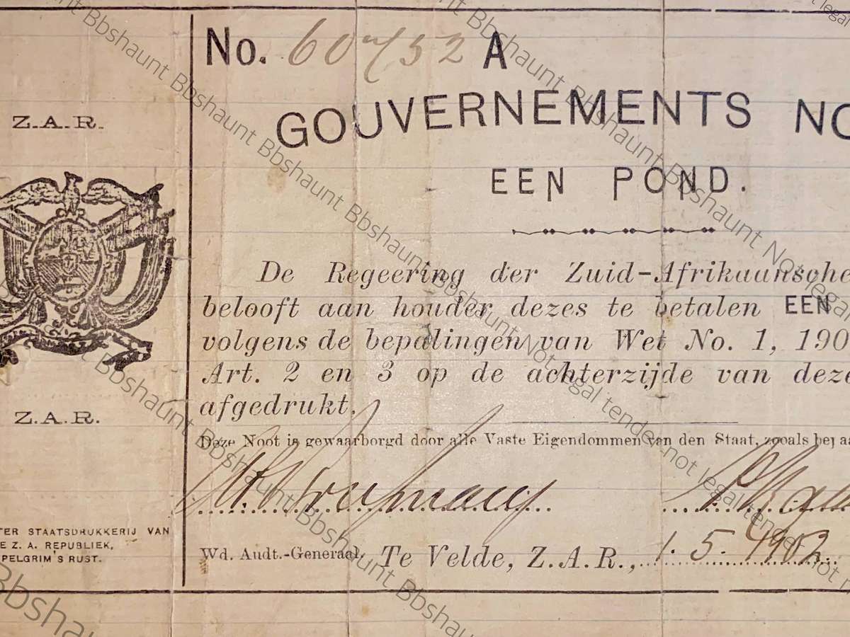 Z.A.R. TE Velde 1 pound Governements Noot 1-5-1902 - Pelgrims Rust - with Findlay stamp