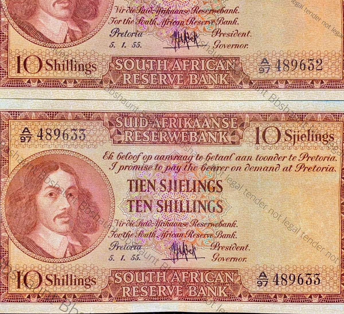 MH DE KOCK 10 SHILLINGS IN SEQUENCE A97 /489633-632 E/A 5.1.1955 CRISP NOTES EF (1 BID TAKES ALL)