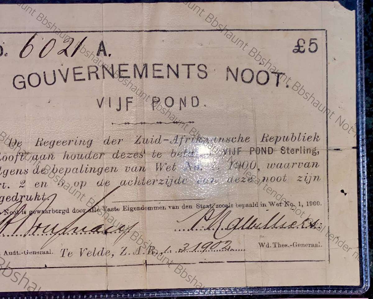 Z.A.R. TE Velde 5 pound Governements Noot 1-3-1902 - Pelgrims Rust - only 1000 printed