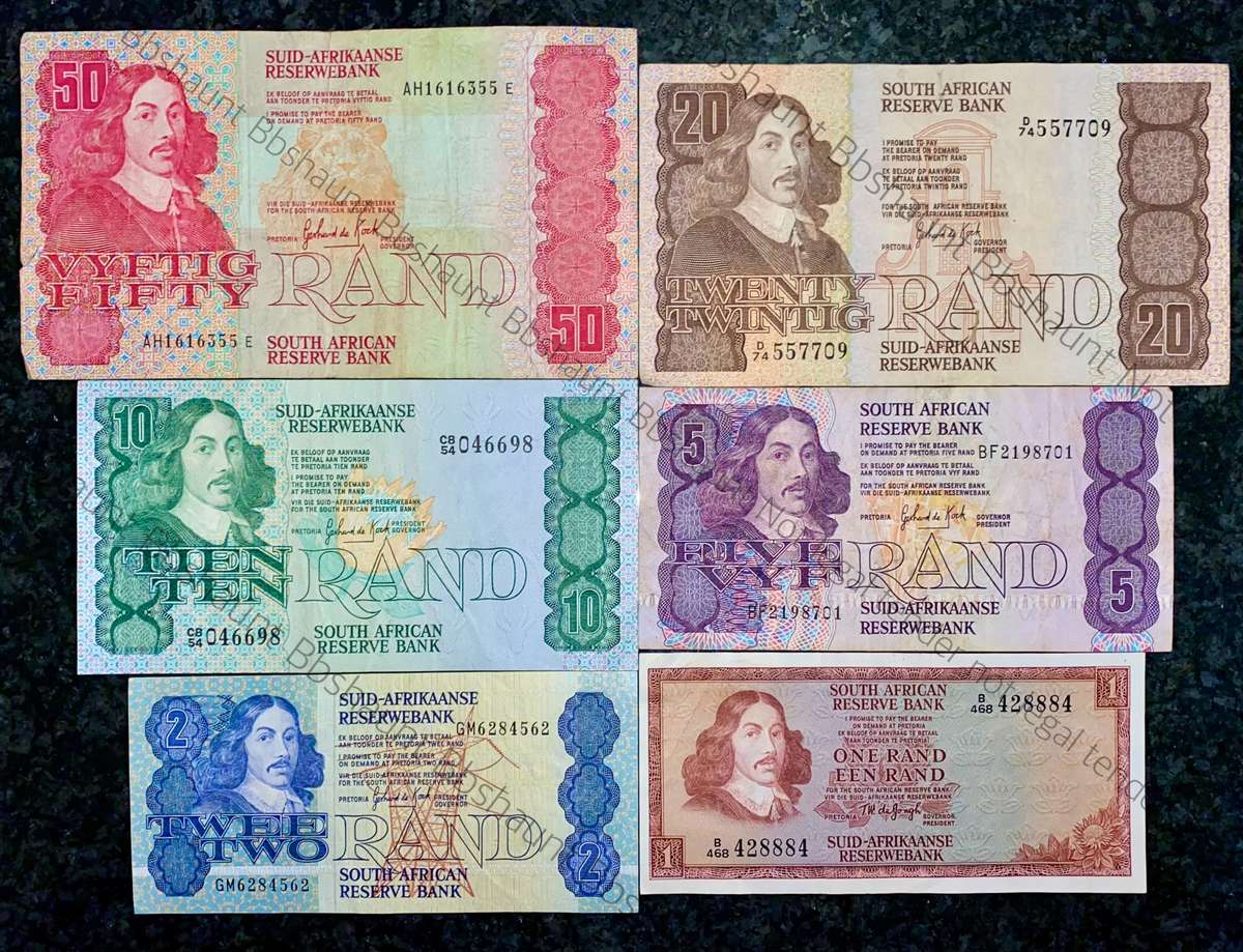 COMPLETE SET OF GPC DE KOCK & DECIMALS R50 TO R2 - 1980s (R1 TW DE JONGH 1975)- (1 BID TAKES ALL)