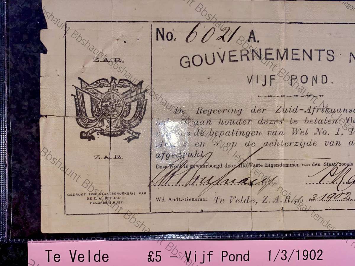 Z.A.R. TE Velde 5 pound Governements Noot 1-3-1902 - Pelgrims Rust - only 1000 printed