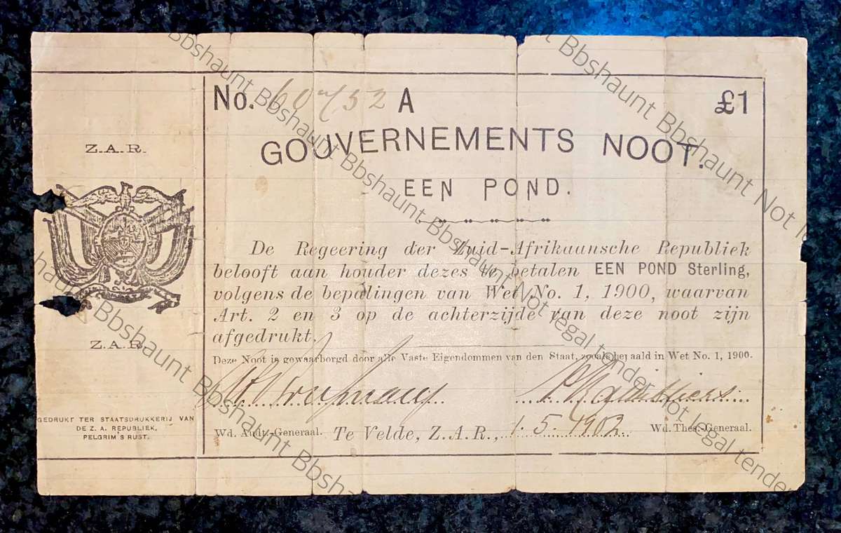 Z.A.R. TE Velde 1 pound Governements Noot 1-5-1902 - Pelgrims Rust - with Findlay stamp