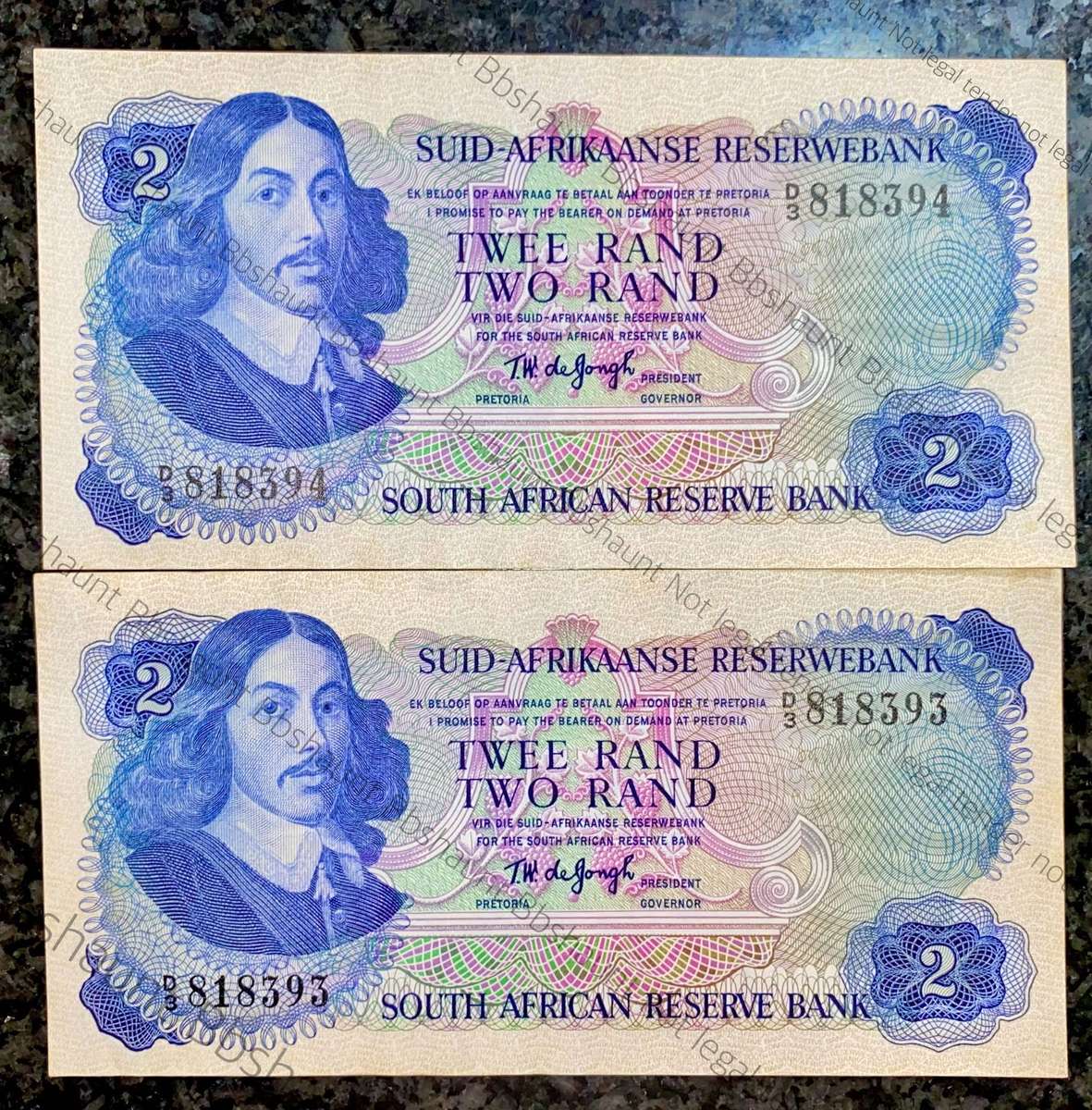 Tw De Jongh. R2 in sequence D3 /818393-394 UNC 2nd issue 1974 (1 bid takes all)
