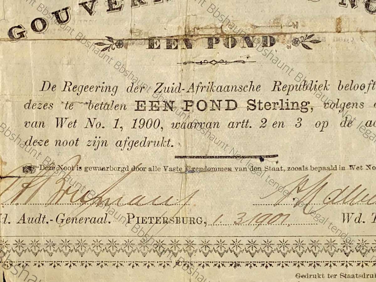 Z.A.R Pietersburg 1 pound Governments Noot 01-03-1901 No 8937A only +- 3000 printed