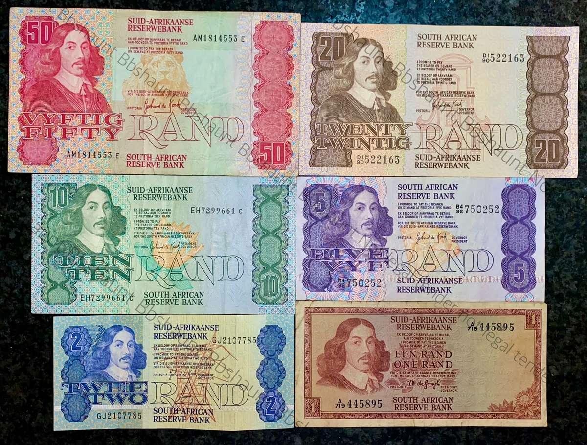 COMPLETE SET OF GPC DE KOCK & DECIMALS R50 TO R2 - 1980s (R1 TW DE JONGH 1975)- (1 BID TAKES ALL)